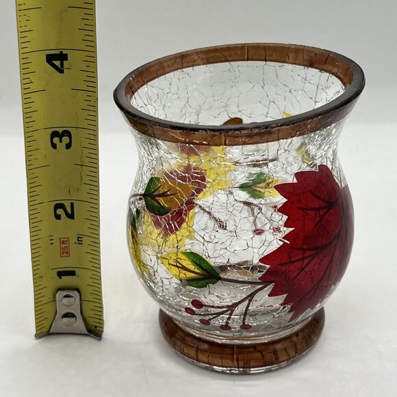 Autumn Oak Maple Leaf Crackle Glass Votive Candle Holder Vase Thanksgiving Decor - Picture 8 of 11